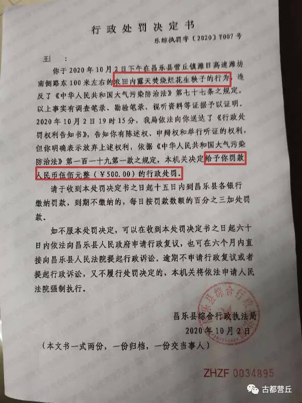 曝光!昌乐营丘一村民被处罚