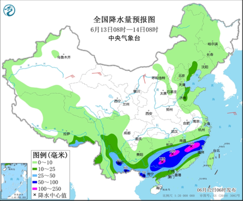 全国降水量预报图(6月13日08时-14日08时)