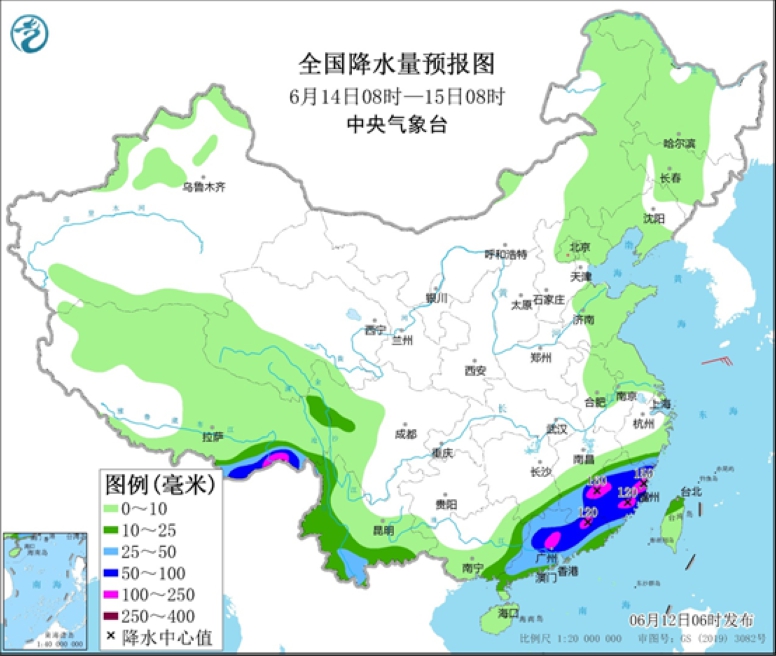 全国降水量预报图(6月14日08时-15日08时)